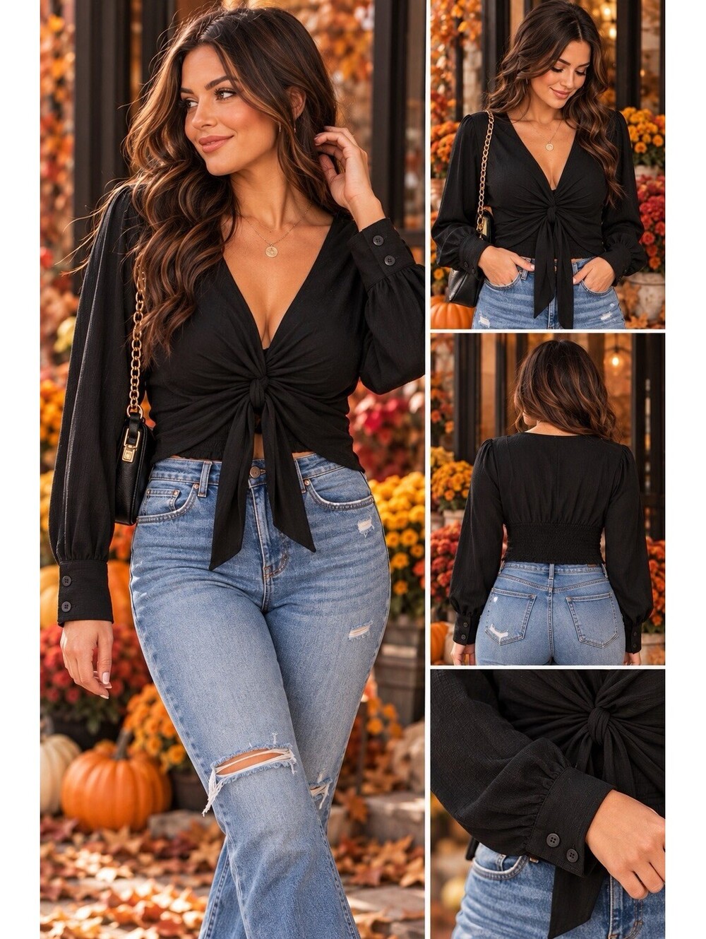 Zara Black Linen Knotted Twist Front Crop Top Tie Long Sleeve V-Neck Sz Medium